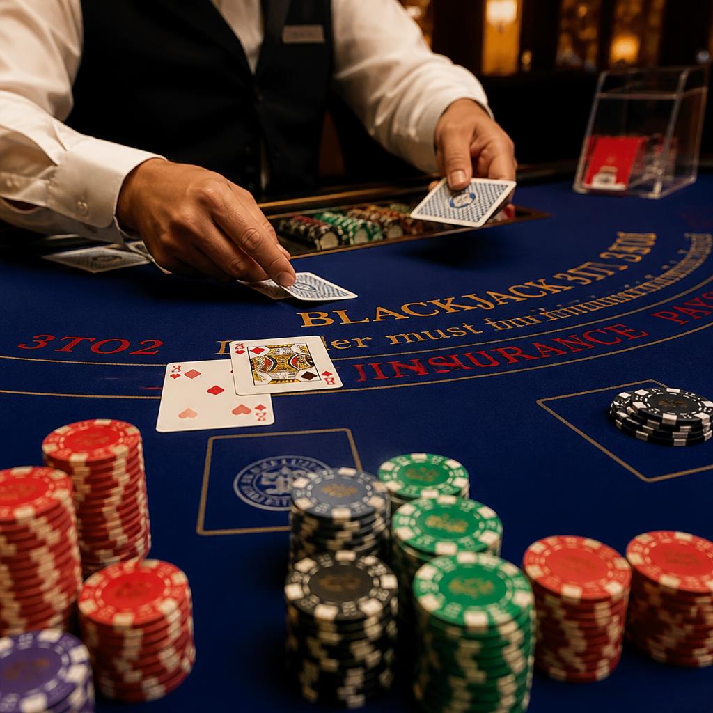 Live blackjack table with dealer, cards, and colored chips